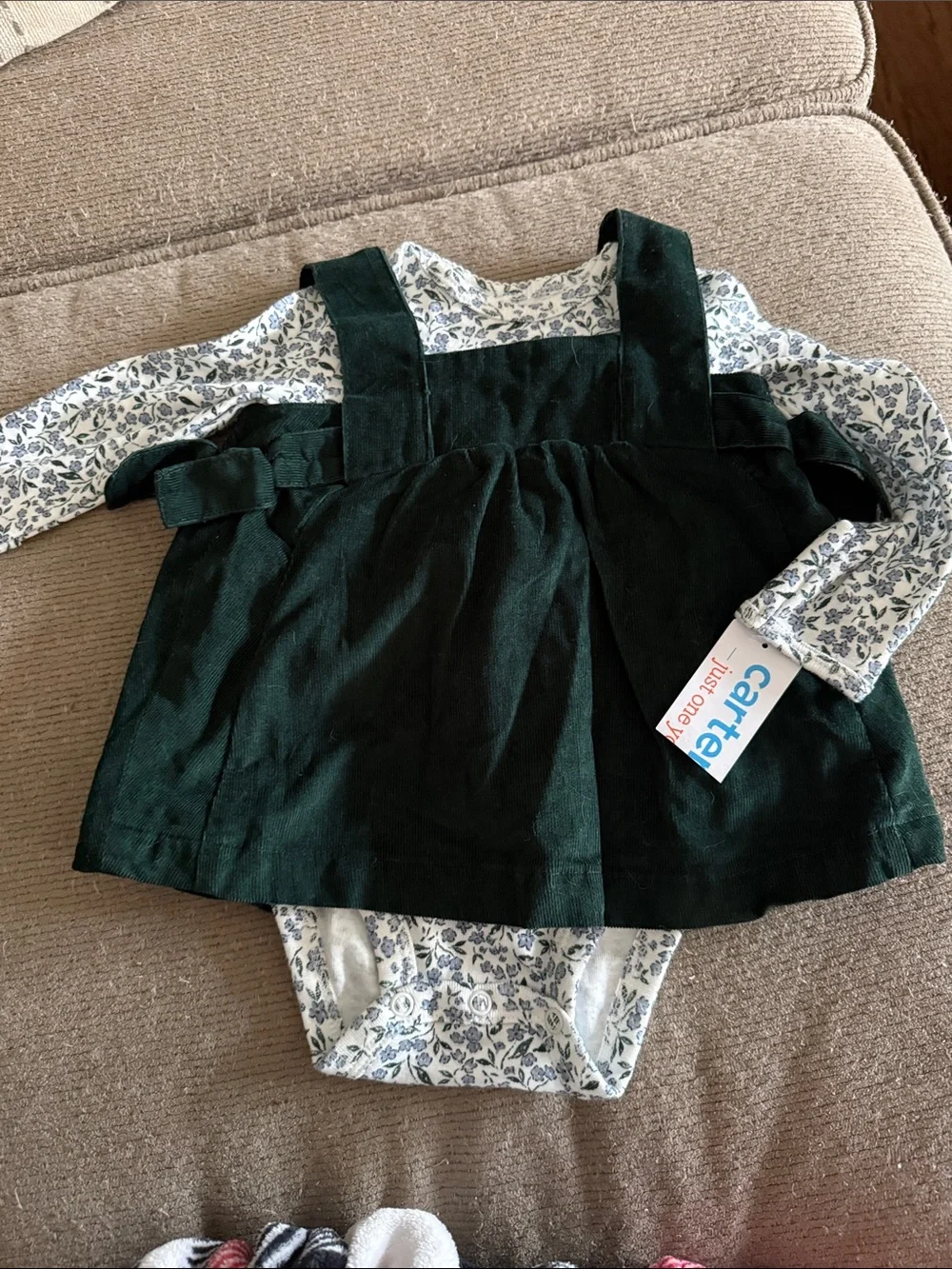 Carter's Dark Green Corduroy Overall Dress with Blue Floral Bodysuit NWT 3 month